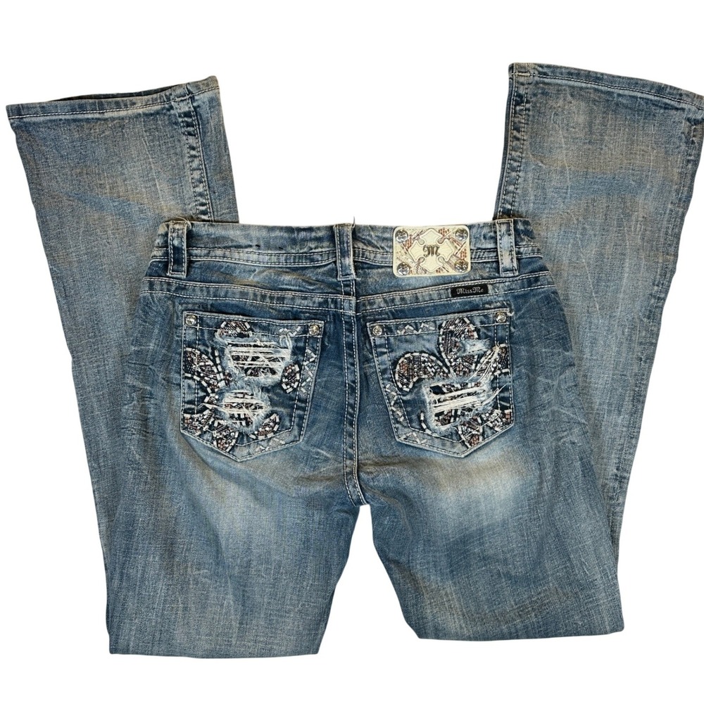 Miss Me Mid Rise Easy Boot Jeans 29 JE8507EL Blue Embellished Fleur De Lis